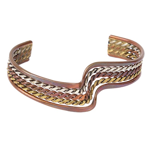 Vintage Taxco Mixed Metal Cuff Bracelet Copper Brass Silver Tone Tri-Tone Unisex - Picture 1 of 4